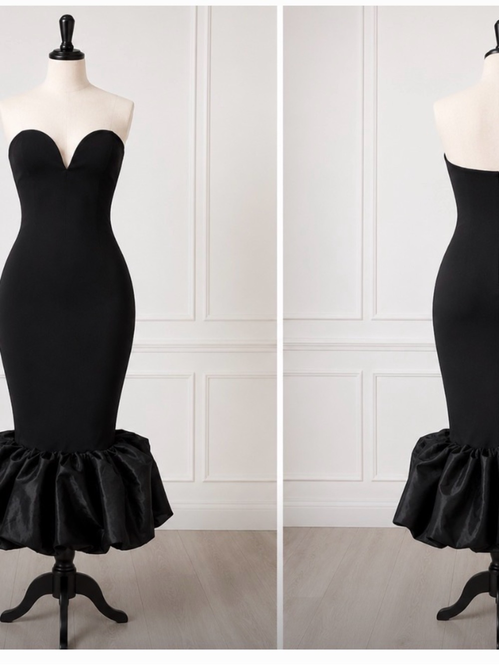 Women's Black Strapless Mermaid Midi Ruffle Hem Bodycon Cocktail Evening Dress - Picture 4 of 6
